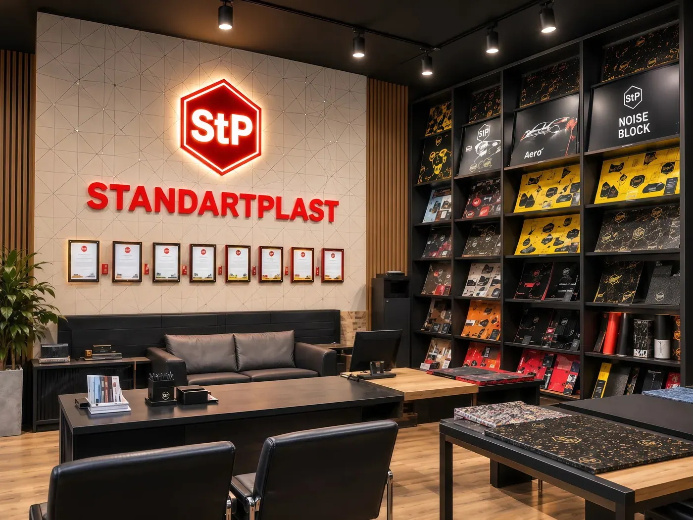 The StP Timurshop showroom: the Standartplast wall with its certificates, and the material shelving beside it