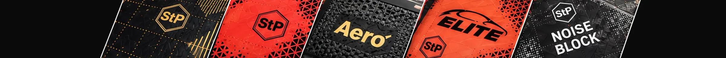 StP material surfaces side by side — damping sheet, Aero, Elite and Noise Block